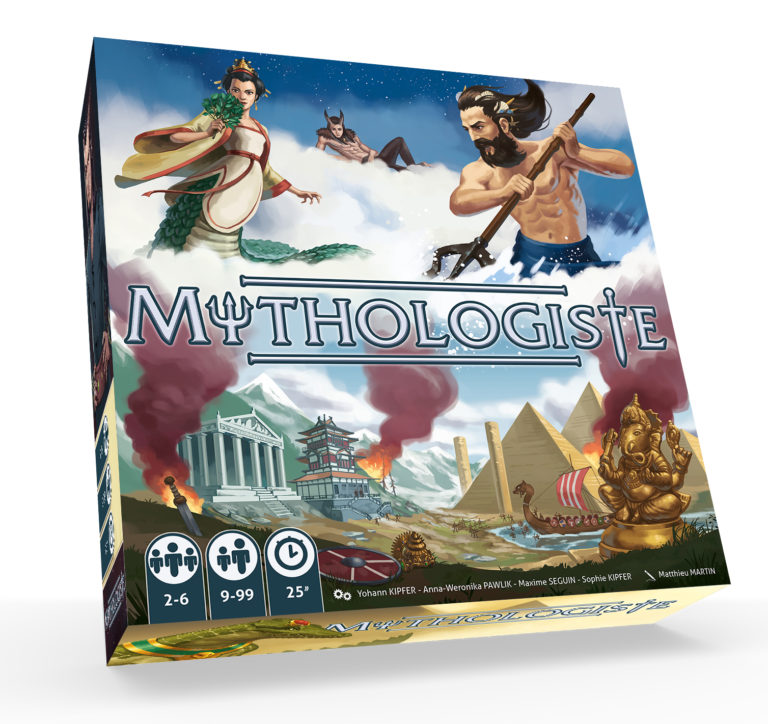 vue 3d de la boite du jeu Mythologiste, illustré par Matthieu MARTIN
