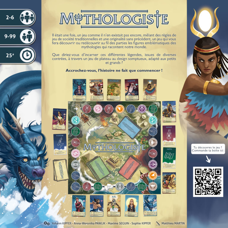 vue à plat dos de boite du jeu Mythologiste, illustré par Matthieu MARTIN
