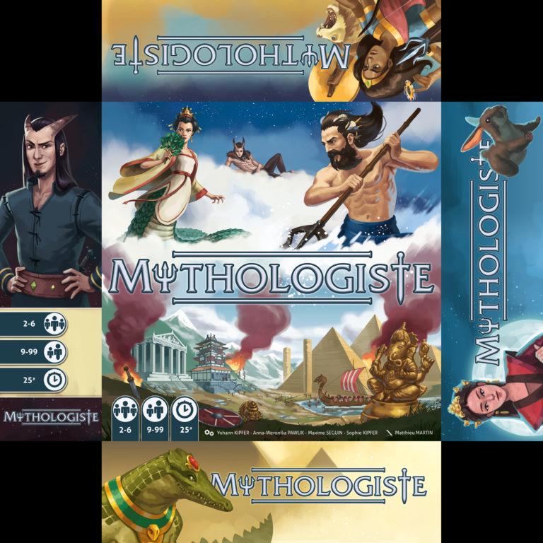 vue à plat de la boite du jeu Mythologiste, illustré par Matthieu MARTIN