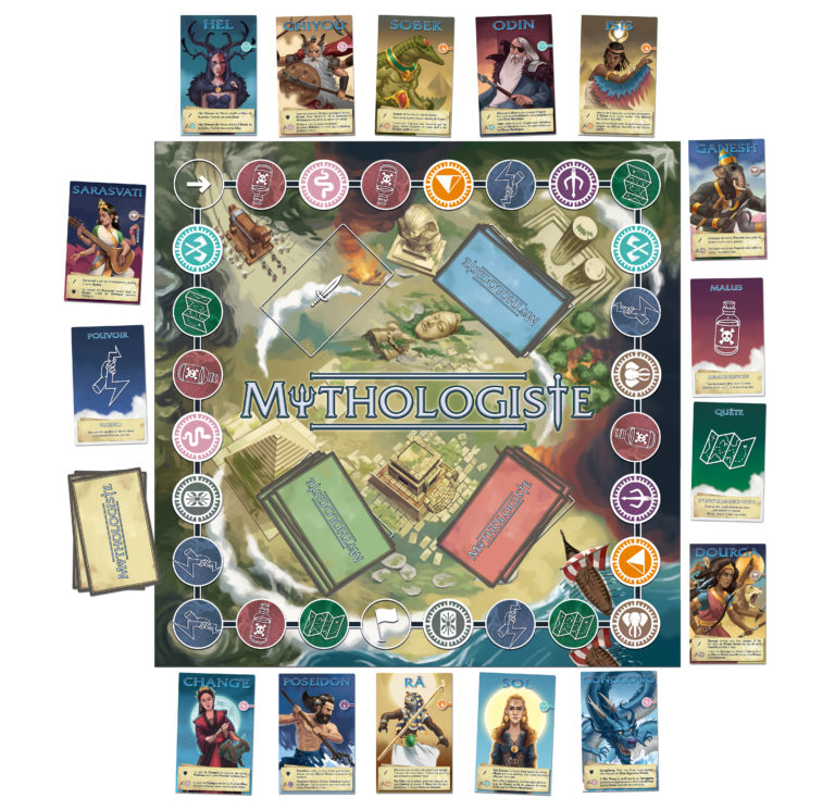 vue à plat du plateau et cartes du jeu Mythologiste, illustré par Matthieu MARTIN