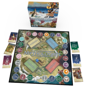 vue 3D de la boite et plateau du jeu Mythologiste, illustré par Matthieu MARTIN