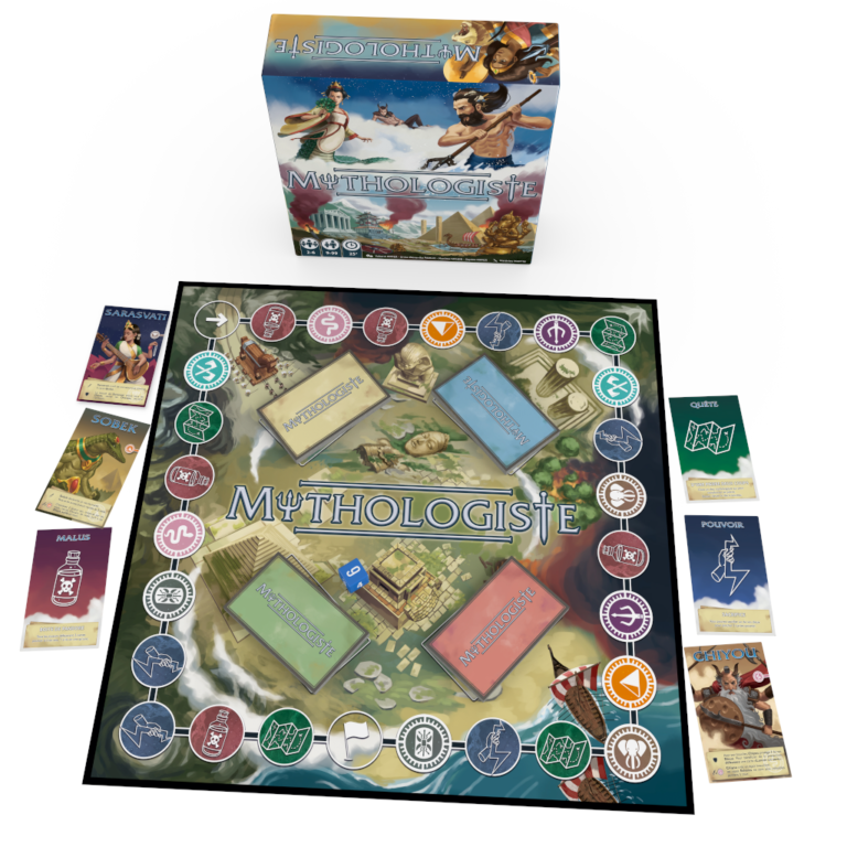 vue 3D de la boite et plateau du jeu Mythologiste, illustré par Matthieu MARTIN