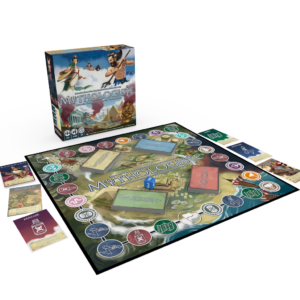 vue 3D de la boite et plateau du jeu Mythologiste, illustré par Matthieu MARTIN