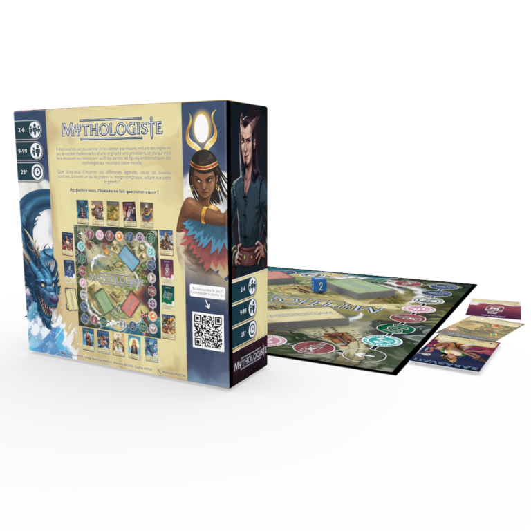 vue 3D de la boite et plateau du jeu Mythologiste, illustré par Matthieu MARTIN
